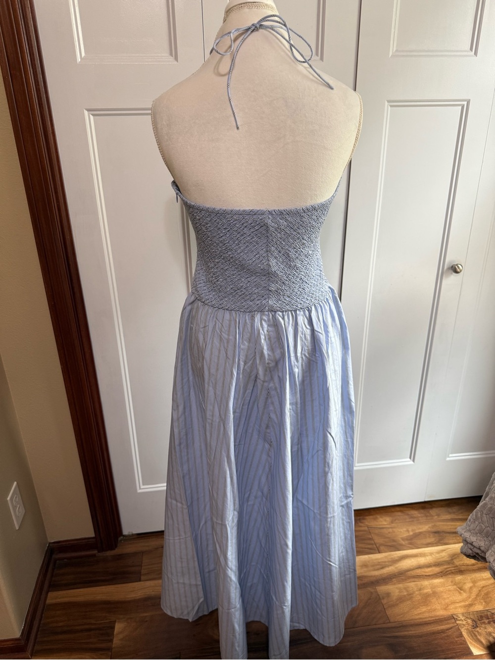 J. Crew Light Blue Halter Smocked Midi Dress in Stripe M - Picture 10 of 14